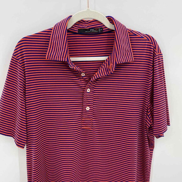 RLX Ralph Lauren Golf Polo Shirt Mens Medium Orange‎ Blue Red Stripe Polyester - Picture 3 of 7